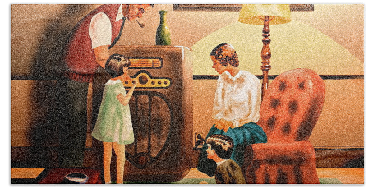 Radio Hand Towel featuring the painting Remember when we Listened to the Radio by Frank SantAgata