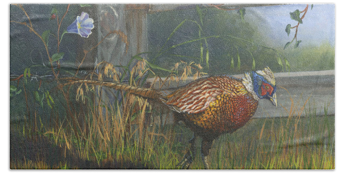 Pheasant Bath Towel featuring the painting Ringneck Pheasant by Jeff Brimley