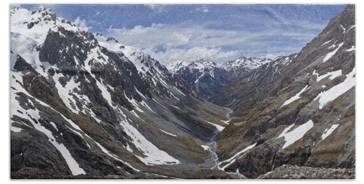 00439772 Hand Towel featuring the photograph River Descends From Southern Alps by Colin Monteath
