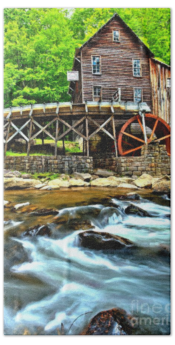 Babcock State Park Bath Towel featuring the photograph River Rock And A Grist Mill by Adam Jewell