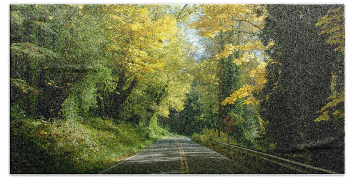 Landscape Hand Towel featuring the photograph Road through Autumn by Kathleen Grace