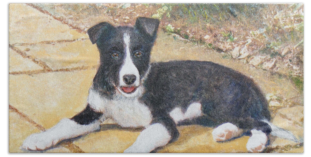 Dog Hand Towel featuring the painting RORY border collie puppy by Richard James Digance