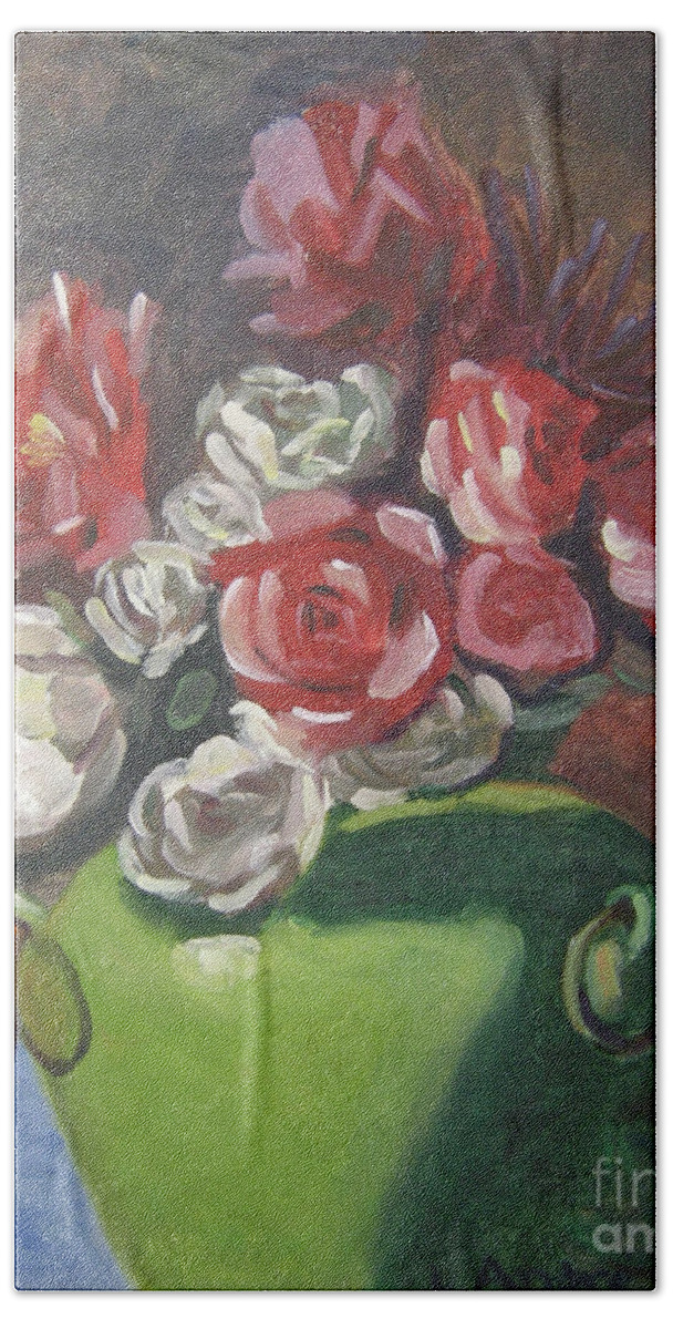 Floral Bath Towel featuring the painting Roses and Green Vase by Lilibeth Andre