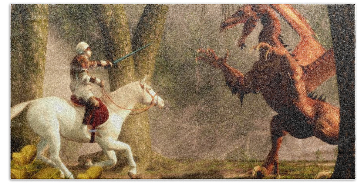 Knight Hand Towel featuring the digital art Saint George and the Dragon by Daniel Eskridge