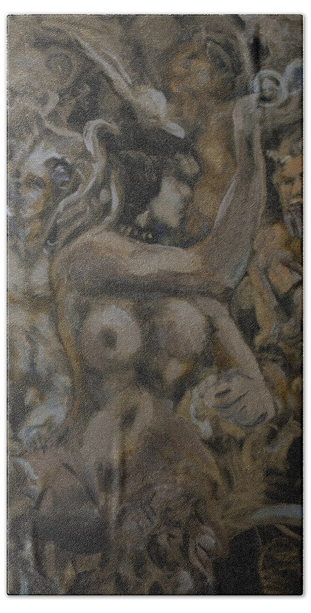 Nudes Hand Towel featuring the painting Satyr queen with suitors on bike ride by Peregrine Roskilly