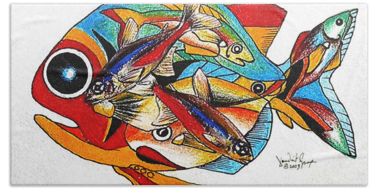 Fish Bath Towel featuring the painting Seven Fish by J Vincent Scarpace