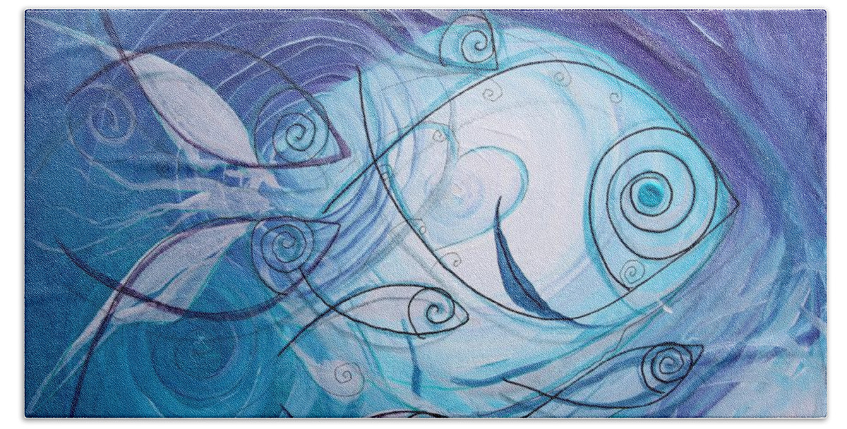 Fish Bath Towel featuring the painting Seven Ichthus and a Heart by J Vincent Scarpace