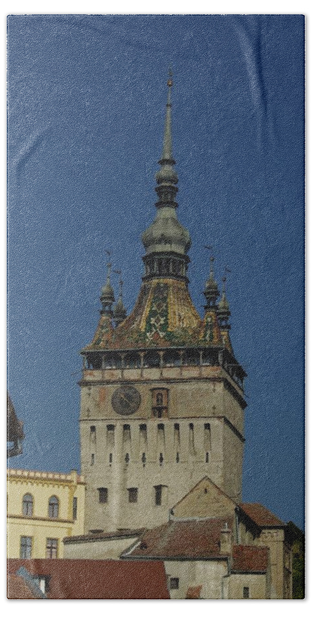 Old Town Bath Towel featuring the photograph Sighisoara clock tower 1 by Amalia Suruceanu