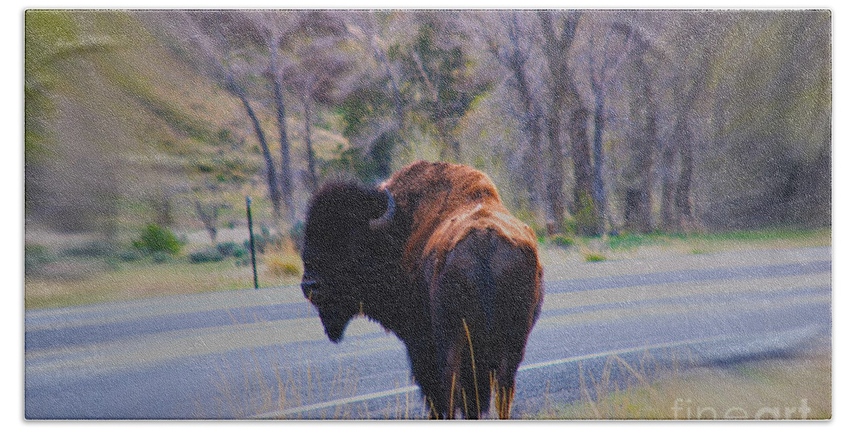 Buffalo Bath Sheet featuring the photograph Single Buffalo in Yellowstone NP by Susanne Van Hulst