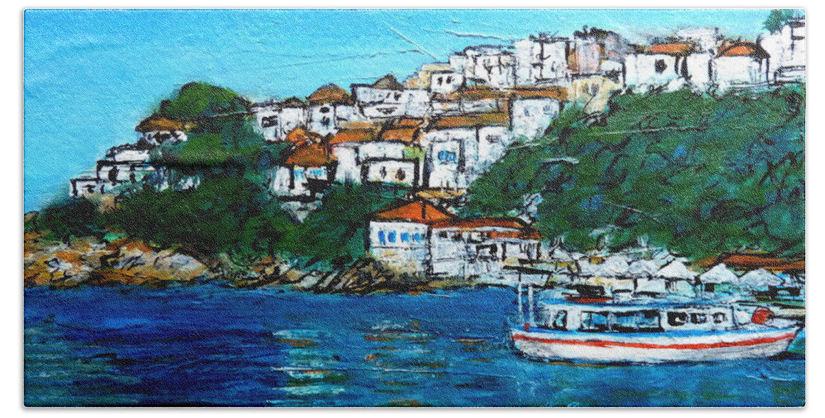 Greece Bath Towel featuring the painting Skiathos Greece No2 by Jackie Sherwood