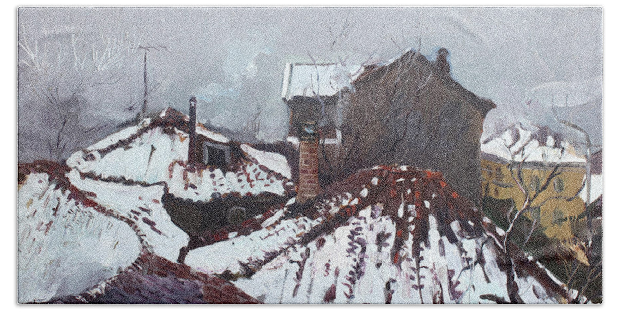 Snow Hand Towel featuring the painting Snow in Elbasan by Ylli Haruni