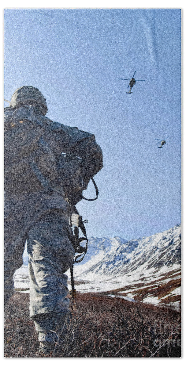 Army Bath Towel featuring the photograph Soldier Patrols Through Alaska’s by Stocktrek Images