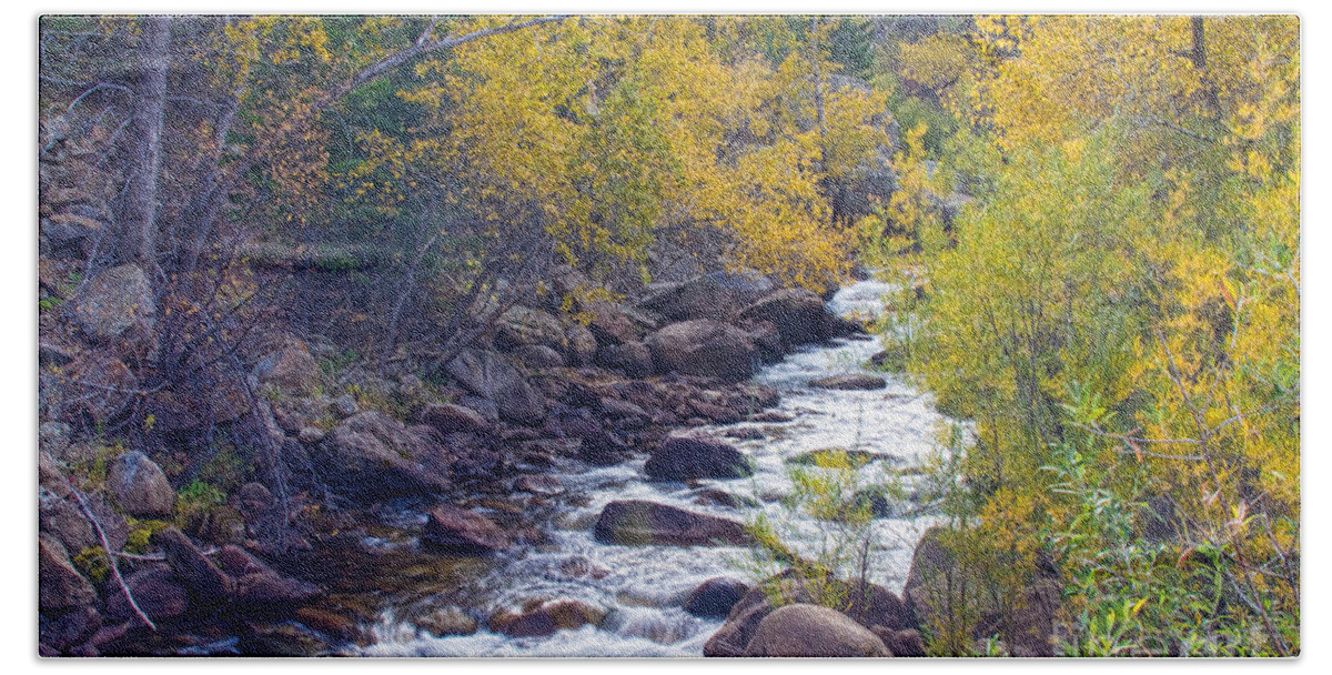 Autumn Bath Towel featuring the photograph St Vrain Canyon and River Autumn Season Boulder County Colorado by James BO Insogna