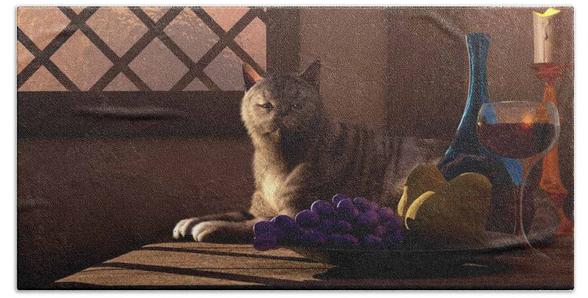 Cat Hand Towel featuring the digital art Still Life with Wine Fruit and Cat by Daniel Eskridge