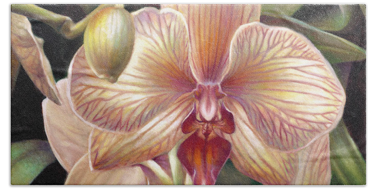 Phalaenopsis Bath Towel featuring the painting Striped Peach Orchid by Nancy Tilles