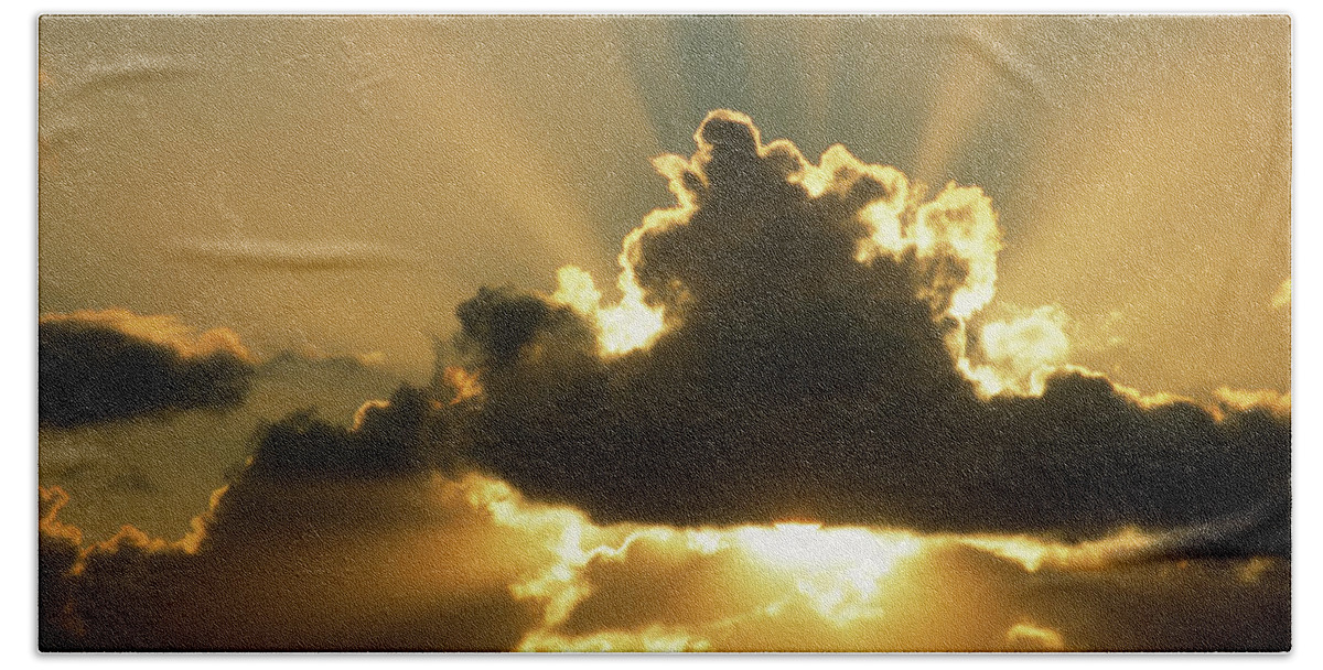 Fn Hand Towel featuring the photograph Sun Rays Beam From Behind Cumulus Clouds by Aad Schenk