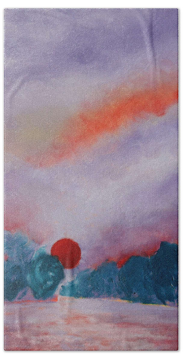 Sky Bath Towel featuring the painting Sunset on Macatawa Bay by Karin Eisermann