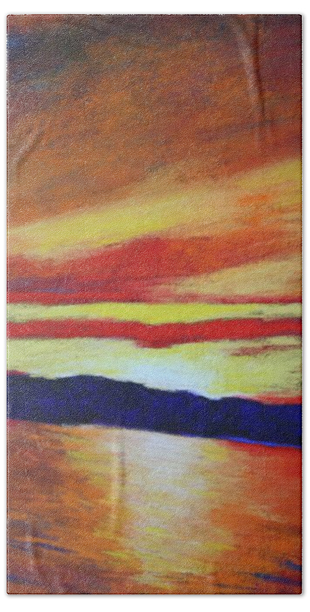 Sun Hand Towel featuring the painting Sunset viewed from a Boat by Karin Eisermann