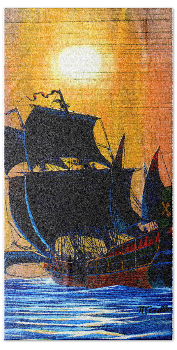 Duane Mccullough Hand Towel featuring the painting Sunship Galleon on Wood by Duane McCullough