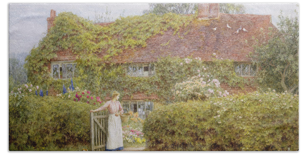 Surrey Cottage Bath Towel featuring the painting Surrey Cottage by Helen Allingham by Helen Allingham