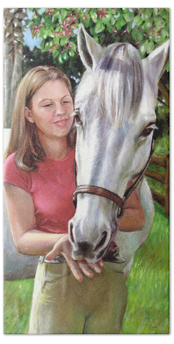  Bath Towel featuring the painting Suzanne with a White Horse by Nancy Tilles