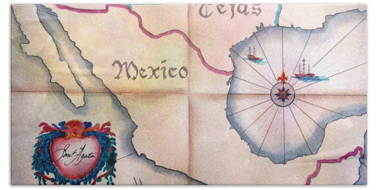 Map Hand Towel featuring the painting Tejas y Mexico by Frank SantAgata