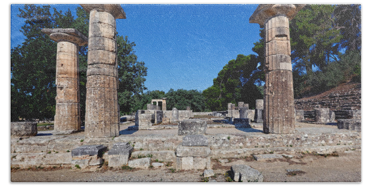Ancient Hand Towel featuring the photograph Temple of Hera - Ancient Olympia by Constantinos Iliopoulos