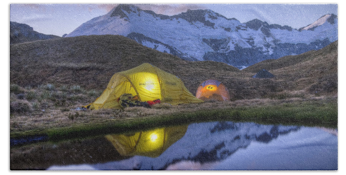 00441032 Bath Towel featuring the photograph Tents Lit By Flashlight On Cascade by Colin Monteath