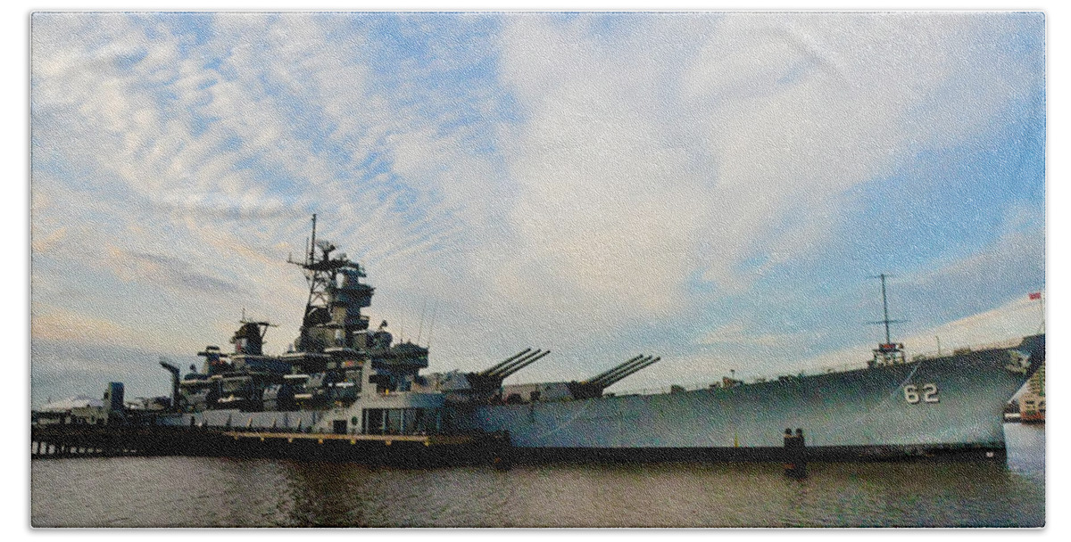 Battleship Bath Towel featuring the photograph The Battleship New Jersey at the Port of Camden by Bill Cannon