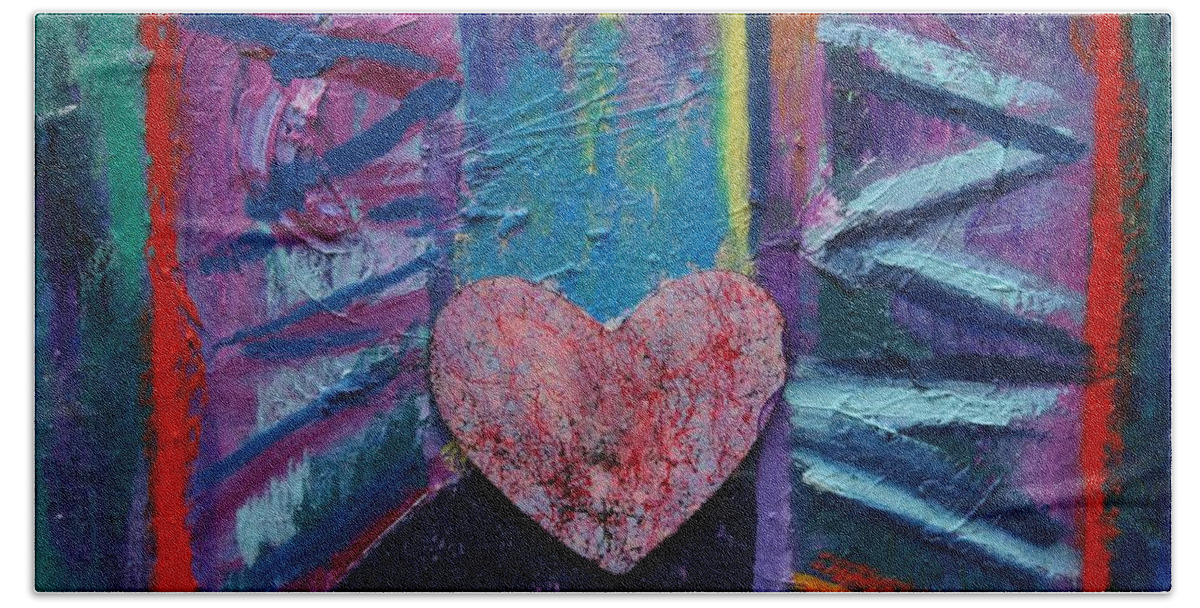 Abstract Hand Towel featuring the painting This Heart wants Out by Karin Eisermann