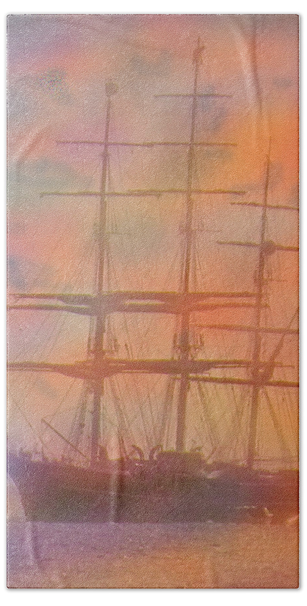 Ship Bath Sheet featuring the photograph Three Master At Sunset by Ian MacDonald