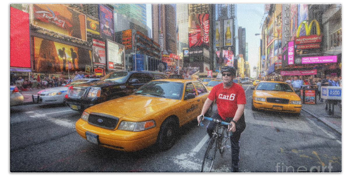 Art Bath Towel featuring the photograph Times Square Traffic by Yhun Suarez