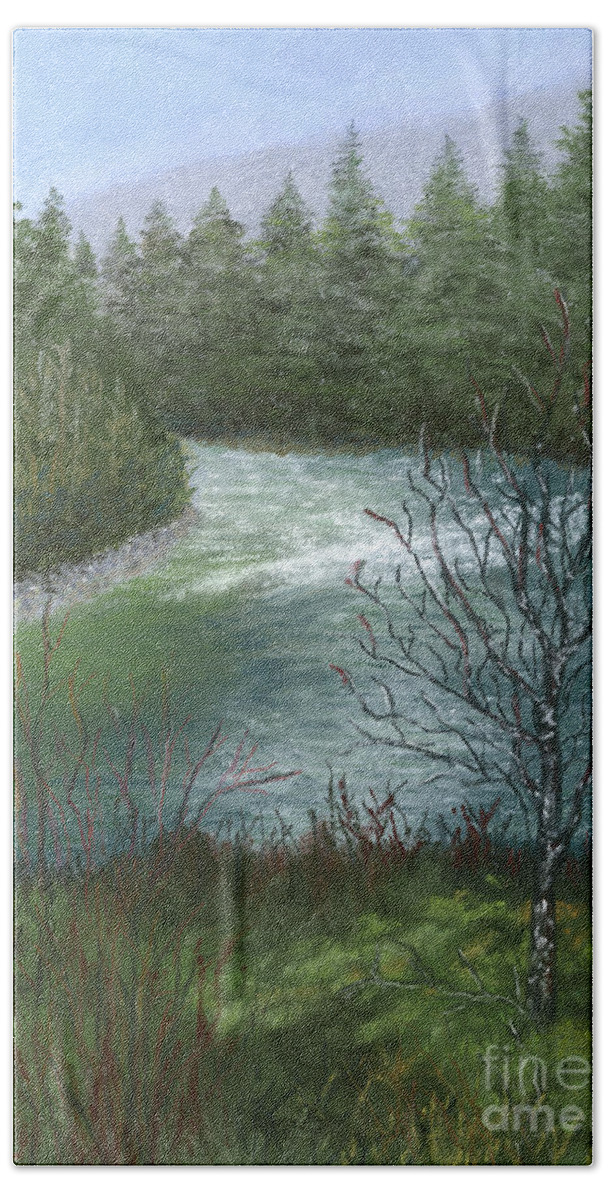 Tofino Bath Towel featuring the pastel Tofino River by Ginny Neece