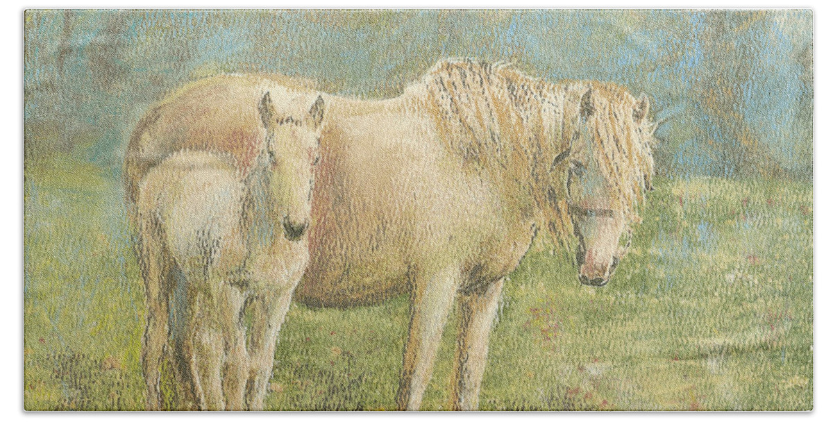  Richard Digance Hand Towel featuring the painting ALWAYS TOGETHER - New Forest Pony and Foal by Richard James Digance