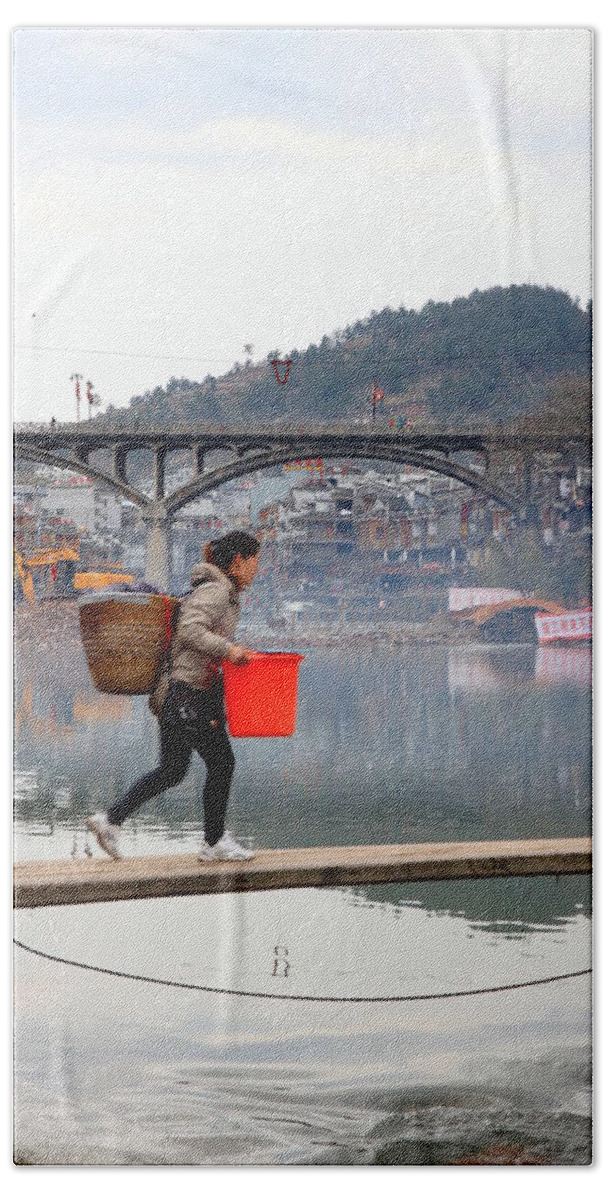 Town Bath Towel featuring the photograph Tuojiang River in Fenghuang by Valentino Visentini