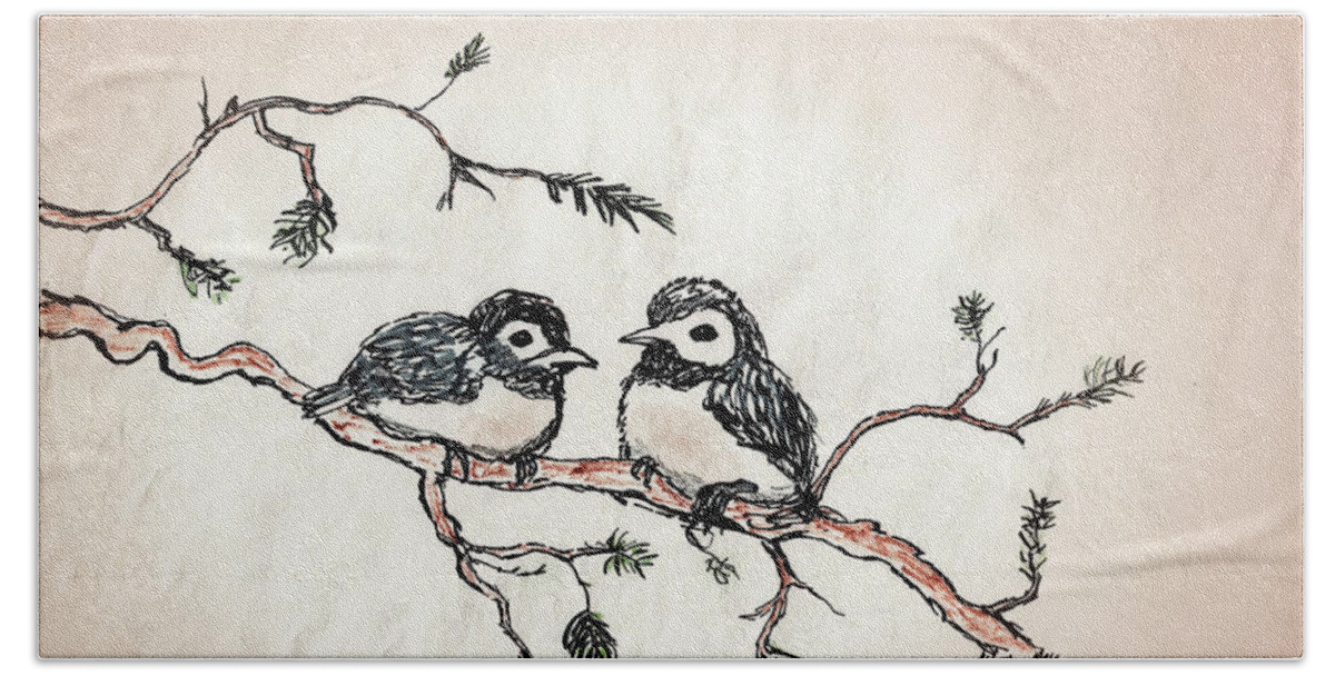 Colored Markers Hand Towel featuring the drawing Two Birds by Wendy McKennon