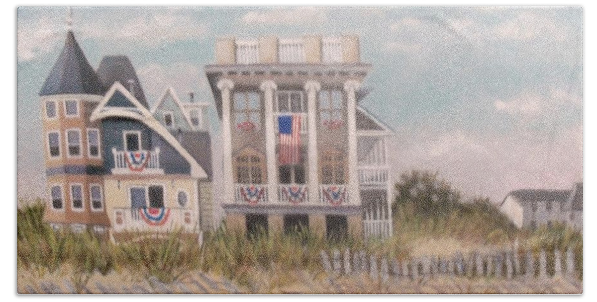 Beach Bath Towel featuring the painting Two Different Houses On The Beach by Madeline Lovallo