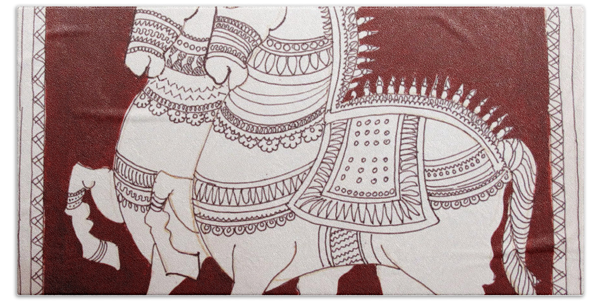 Horses Kalamkari Style Bath Towel featuring the painting Two horses by Asha Sudhaker Shenoy