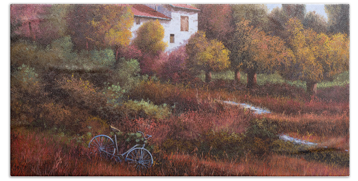 Bike.wood Bath Towel featuring the painting Una Bicicletta Nel Bosco by Guido Borelli