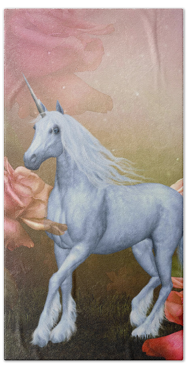 Unicorn Bath Towel featuring the digital art Unicorn And Roses by Smilin Eyes Treasures