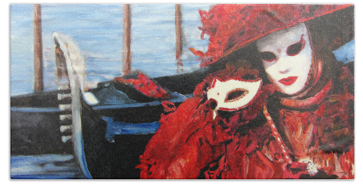Venice Bath Towel featuring the painting Venetian Mask with Gondolas II by Leonardo Ruggieri