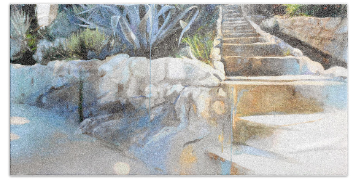 Lin Petershagen Bath Towel featuring the painting Villefranche Garden by Lin Petershagen