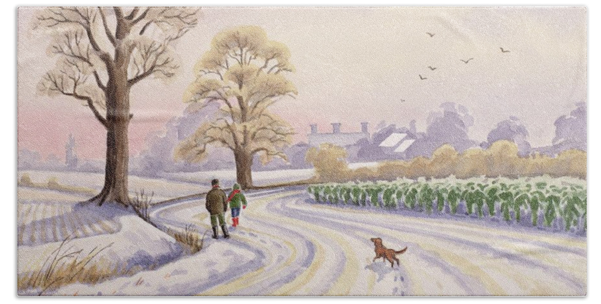 Landscape; Field; Tree; Trees; Bush; Bushes; Snow; Snow Covered; Winter; Winter Time; Road; Dog; People; Man; Child; Walking; Walk; Crop; Crops; Bird; Birds; Flying; House; Houses; Roof; Roofs; Foot Print; Foot Prints Bath Towel featuring the painting Walk in the Snow by Lavinia Hamer 