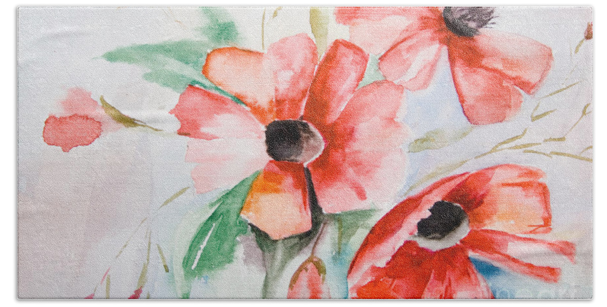 Backdrop Bath Towel featuring the painting Watercolor Poppy flower by Regina Jershova