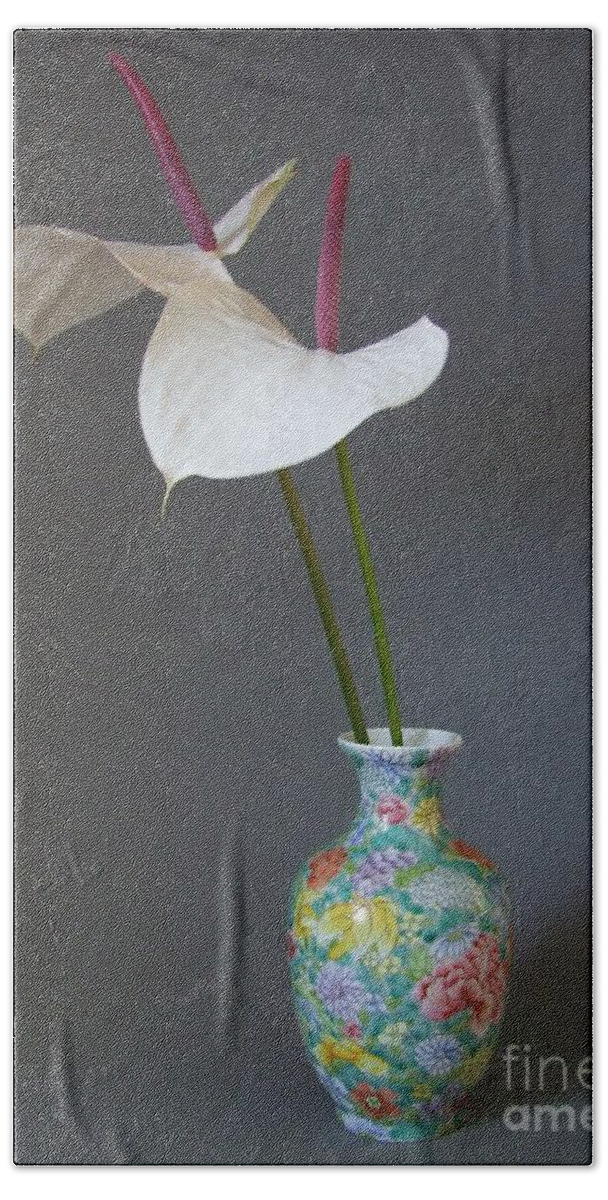 Flowers Bath Towel featuring the photograph White Anthuriums in a Vase by Mary Deal