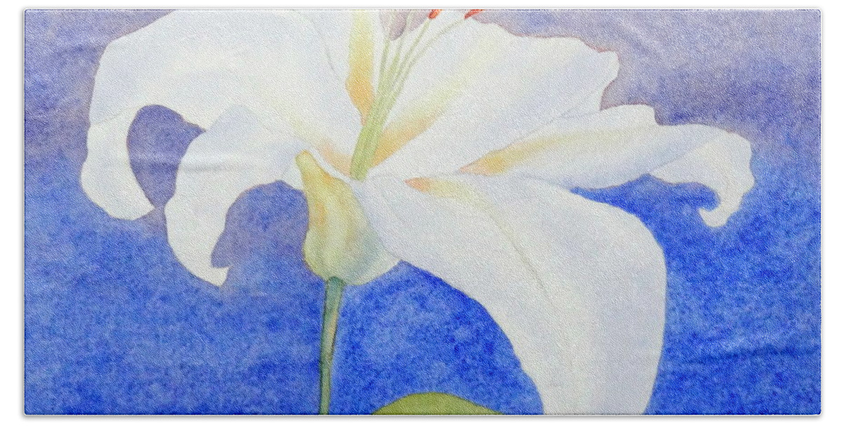 White Bath Towel featuring the painting White Lily by Laurel Best