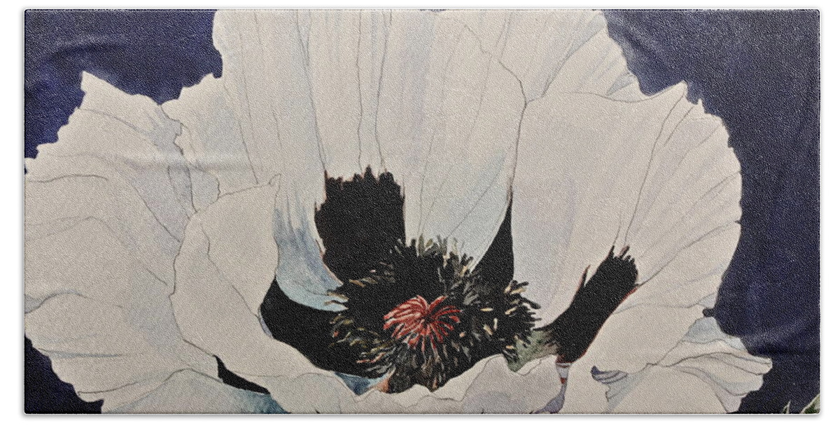 Watercolor Painting Bath Towel featuring the painting White Poppy-Posthumously presented paintings of Sachi Spohn by Cliff Spohn