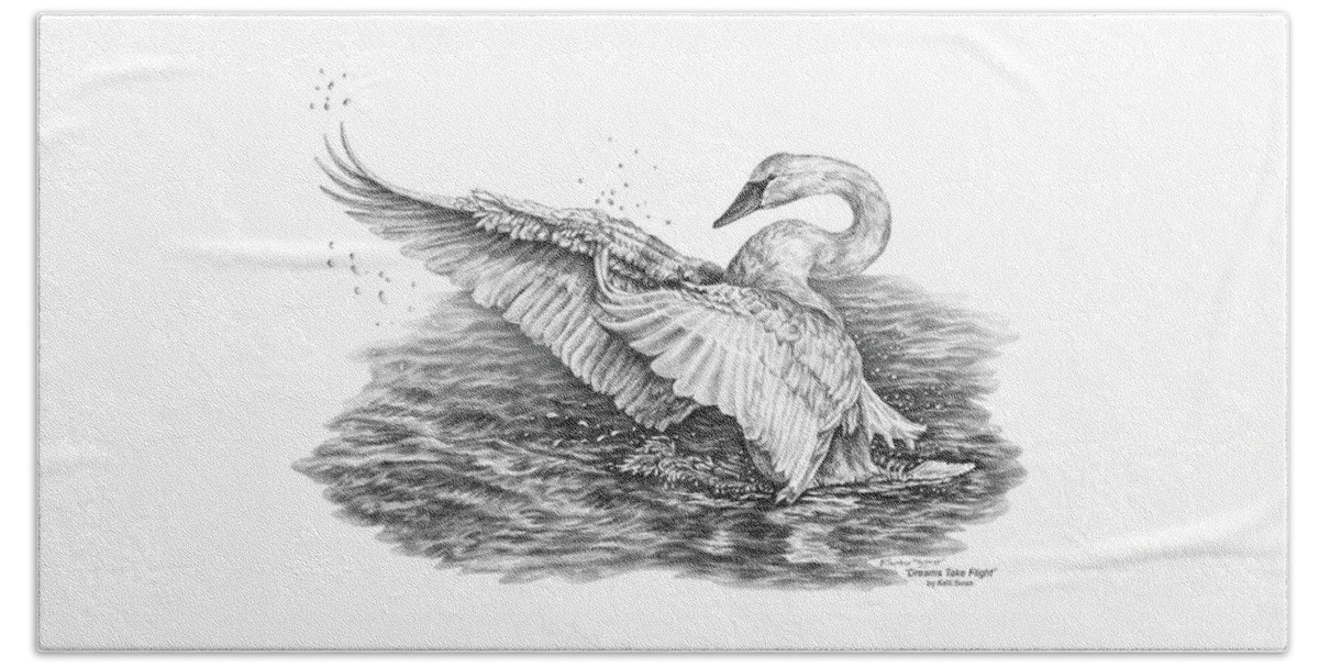 White Swan Bath Towel featuring the drawing White Swan - Dreams Take Flight by Kelli Swan