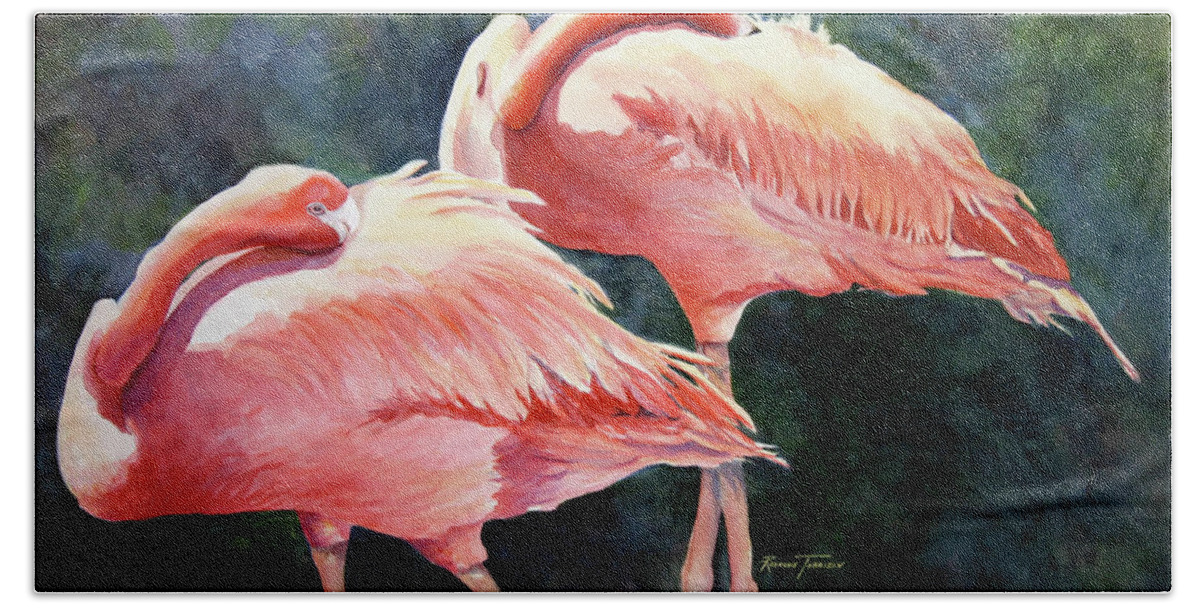 Flamingos Hand Towel featuring the painting Who's Peek'n - Flamingos by Roxanne Tobaison