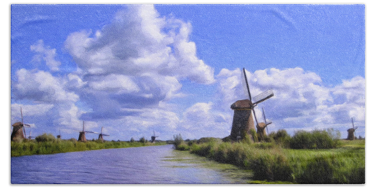 Windmills Bath Towel featuring the painting Windmills in Holland by Dominic Piperata